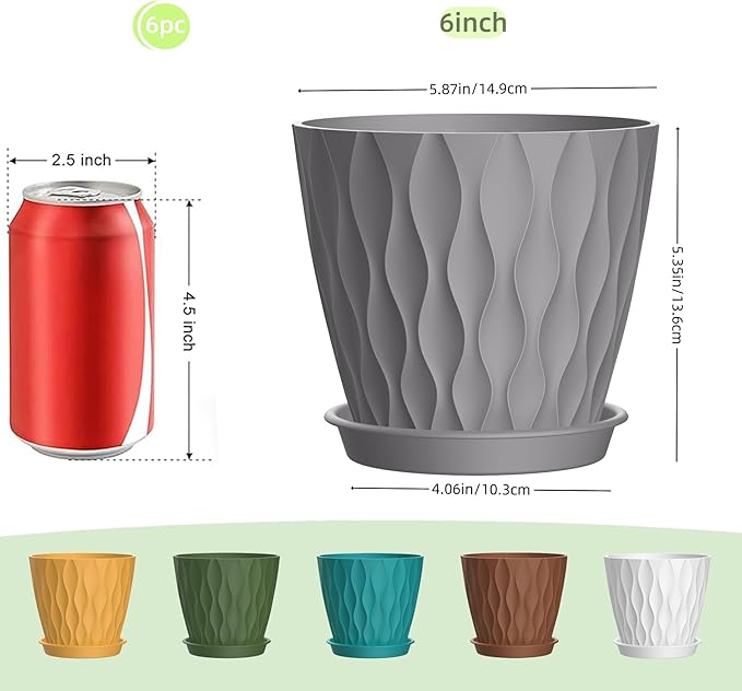 6 Inch Plant Pots, 6 Pack Indoor Flower Pots, Planters with Drainage Holes and Trays for Orchids, Violets, Succulents, Herbs, and Other Plants,Corolful