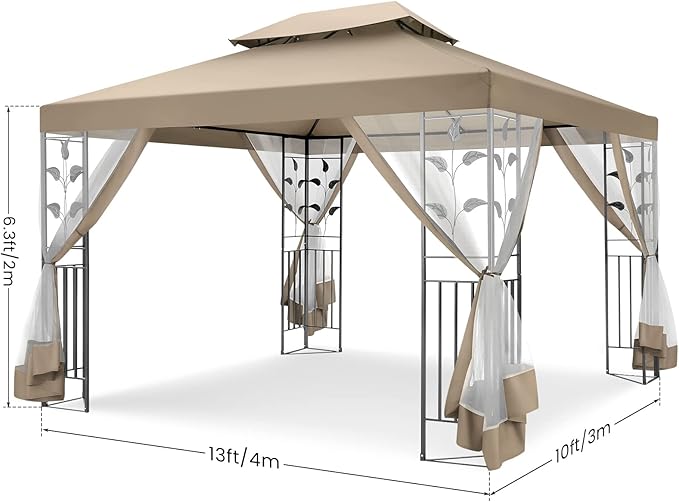 COBIZI Gazebo 10x13 Heavy Duty Gazebos with Improved Nettings Outdoor Gazebo Double Roof Patio Gazebos with Metal Steel Frame Outdoor Canopy for Patio, Deck, Backyard (Khaki)