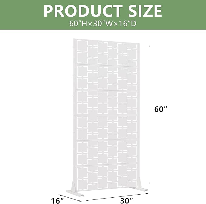 Casaphoria Metal Privacy Screen Outdoor, 60" H x 30" W Freestanding Decorative Privacy Screen for Patio Deck Balcony Garden with Stable Base, White-Square