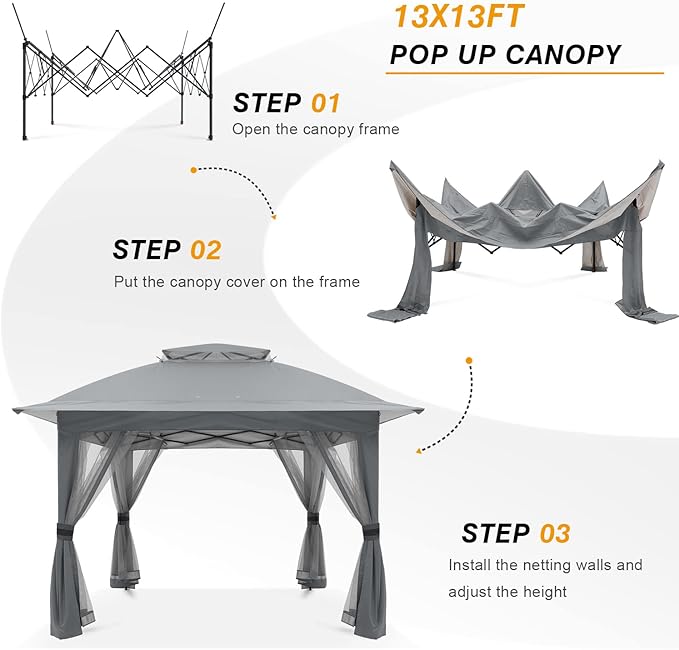 COOSHADE 13x13 Pop Up Gazebo Tent Outdoor Canopy Patio Shelter with Mosquito Netting(Grey)