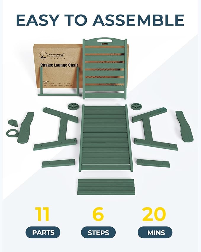 Ciokea Lounge Chair Outdoor, Oversized Chaise Lounge Chair with 5 Positions, HDPE, Patio Lounge Chair with Wheels & Cup Holder for Pool, Deck, Poolside, Green