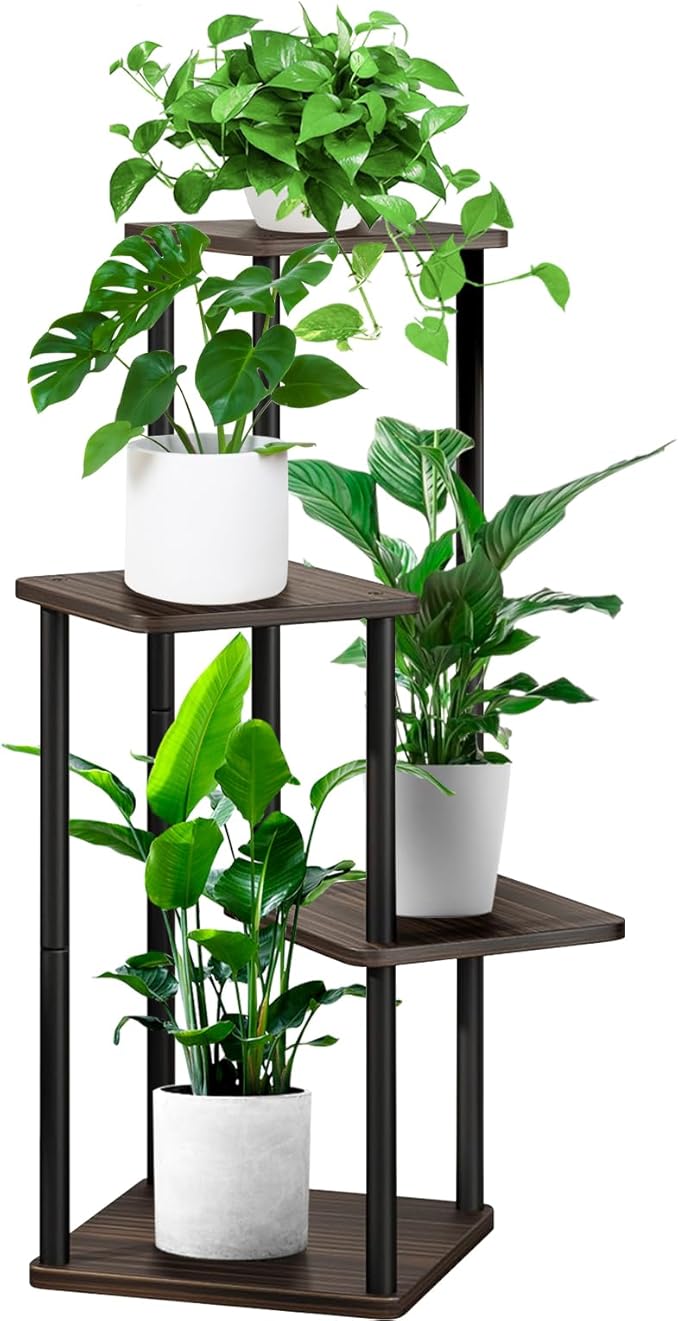 4 Tier Plant Stand Indoor, Thickened Metal Wood Corner Plant Shelf Stands for Multiple Plants, Indoor Tall Plants Stand Tiered Flower Holder for Living Room Patio Garden Balcony(Black+Oak)