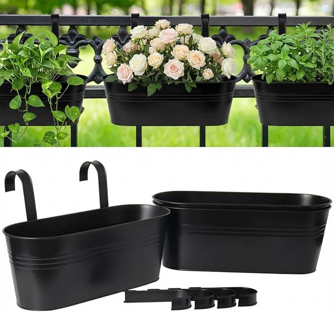 vensovo 16 Inch Railing Planter for Outdoor Plants - 3 Pack Large Metal Balcony Hanging Planters with Detachable Hooks and Drain Holes Oval Box Rail Pots for Home Garden Fence, Black
