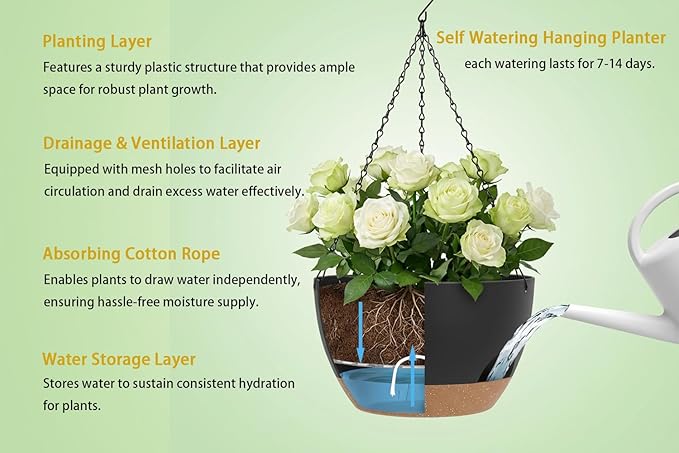 Hanging Planters 3-Pack, 8 Inch Self-Watering Hanging Pots with Drainage Hole and Chains, Plastic Planters for Indoor Outdoor（Black Brown）