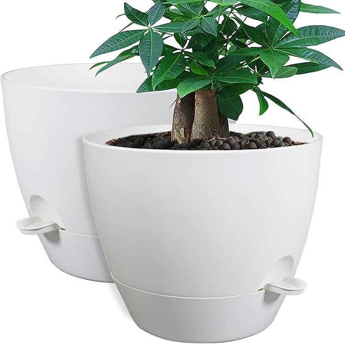 12inch 2Pack Large Self Watering Planters, Plastic Plant Pots with 60oZ Removable Deep Reservoir and Multi Mesh Drainage Holes for Indoor Outdoor Garden Plants and Flowers, White
