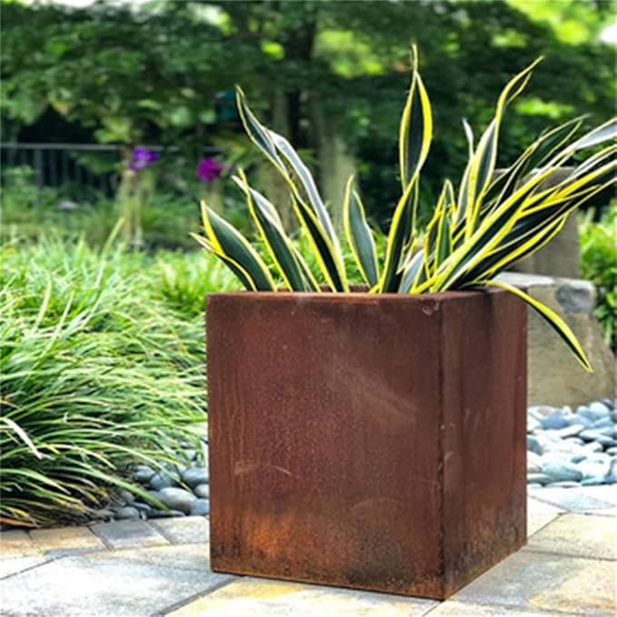 Corten Steel Planter Box Metal Outdoor Planter Large Square Cube Rustic 32 Inch Planter Pot for Commercial Residential Tall Plant Patio Deck and Backyard