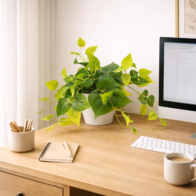 alyptus Fake Pothos Hanging Plants – Set of 2 Faux Ivy Vines Realistic Silk Devil’s Ivy for Indoor Décor, Low Maintenance Artificial Greenery for Home Bathroom or Office - Green with White Pots