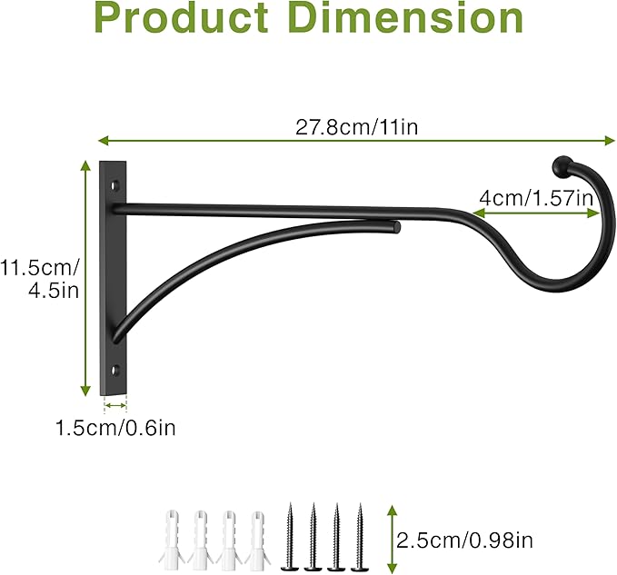 11 Inch 2 Pack Heavy Duty Plant Hangers Outdoor, Metal Plant Brackets for Hanging Baskets, Plant Wall Hooks for Bird Feeders, Wind Chimes & Lanterns, Premium Metal Hooks Matte Black, 30lbs Capacity