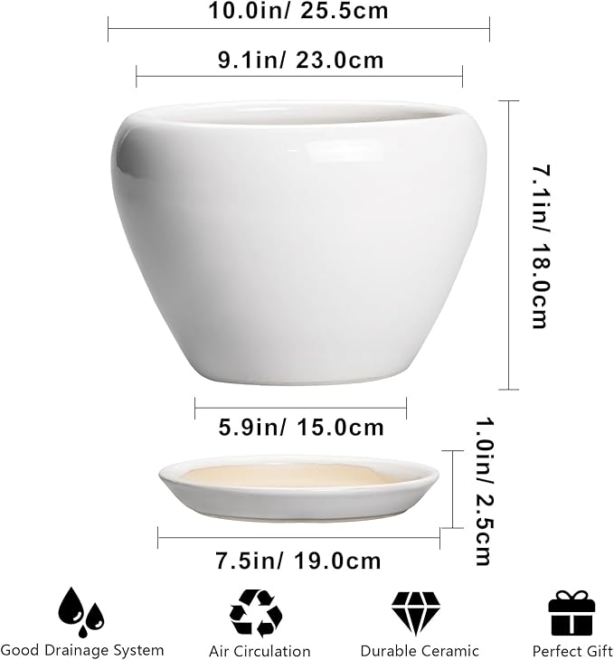 Ceramic Pot for Plants - 10 Inch Planter with Drainage Hole and Saucer, Glaze Modern Round Flower Pot for Indoor Plants, Housewarming Gift, Home Decor, White