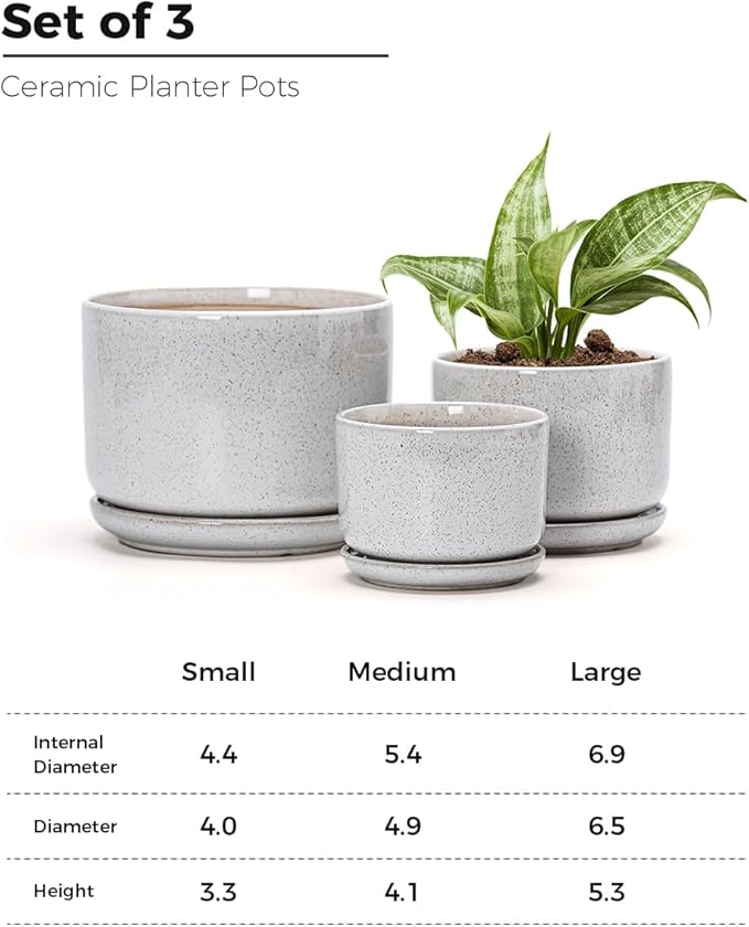 Ton Sin Plant Pots, 4.1+5.1+6.5 inch, Set of 3, Ceramic Planters with Drainage Hole and Saucer, Indoor Flower Pot with Drainage Hole, Gifts for Mom(Reactive Glaze White)