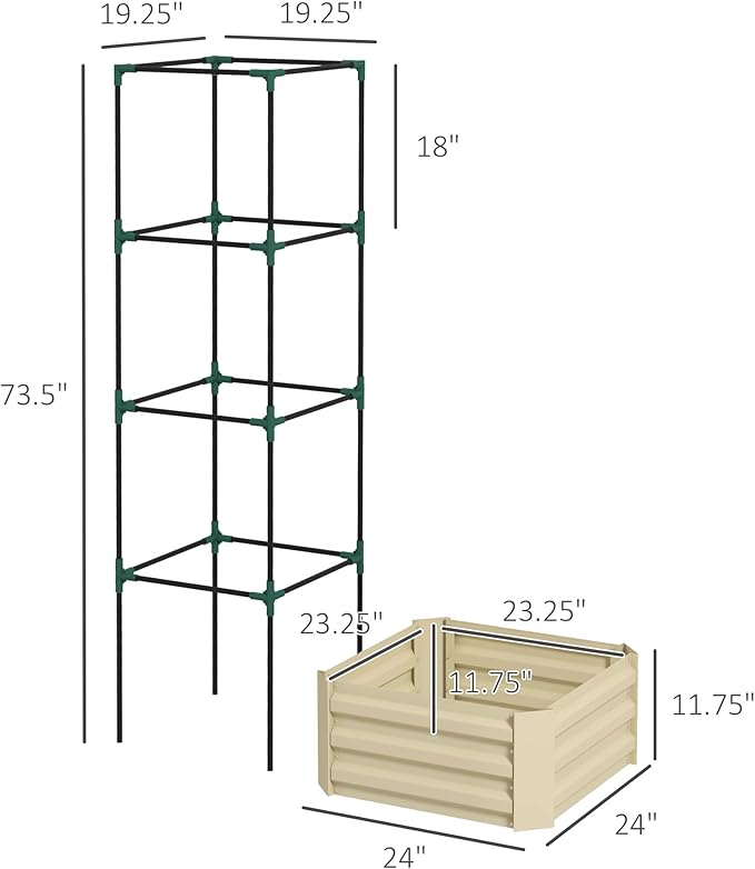 Outsunny Galvanized Raised Garden Bed, 73.5" Tall Outdoor Planter Box with Trellis Tomato Cage and Open Bottom for Climbing Vines, Vegetables, Flowers in Backyard, Garden, Patio, Cream