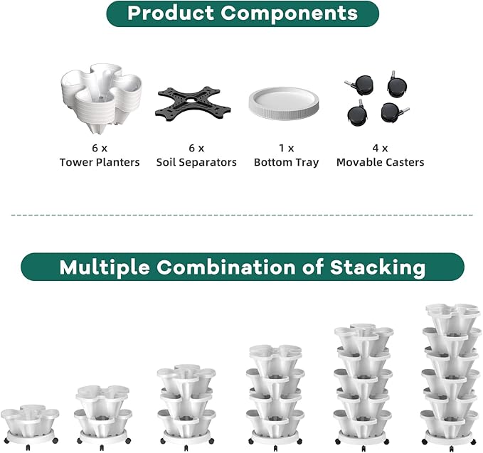 Strawberry Vertical Planters, 6 Tiered Stacking Tower Garden, Stackable Herb Vegetable Planters with Movable Casters and Bottom Saucer Indoor and Outdoor - White