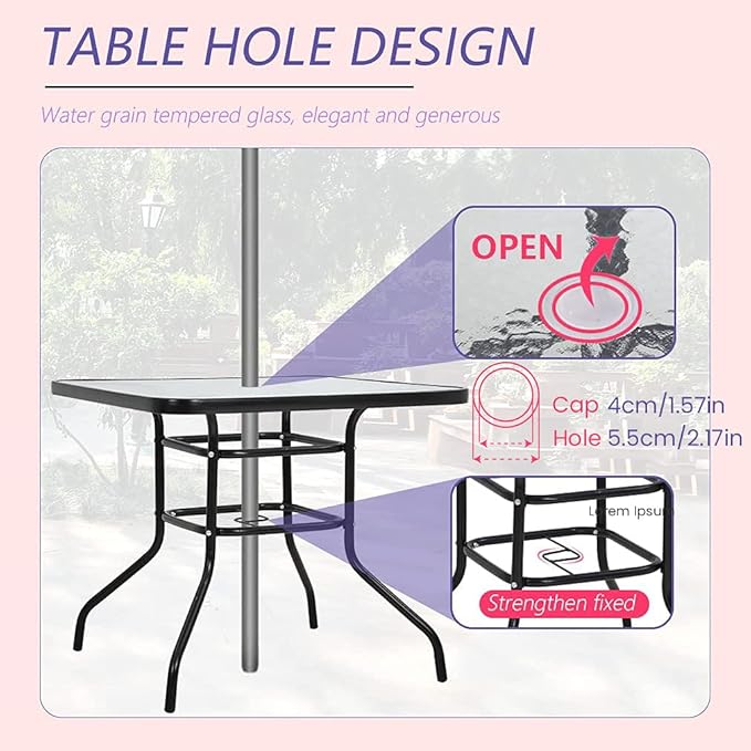 Outdoor Table Patio Table Dining Table with Tempered Glass Umbrella Hole for Lawn Balcony, Yard (Square)