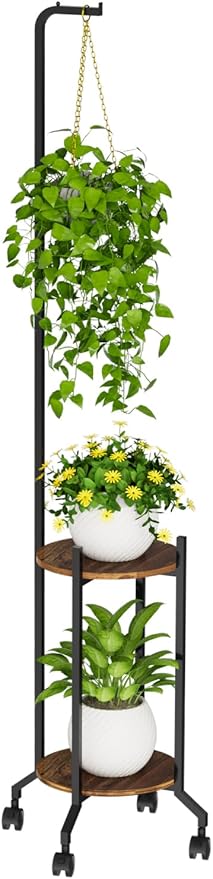 Plant Stand Indoor, 2 Tier Hanging Tall Plant Shelf with Wheels, 3 Potted Corner Flower Stand Metal Plant Holder, Plant Shelves for Living Room, Bedroom, Patio, Outdoor, Black