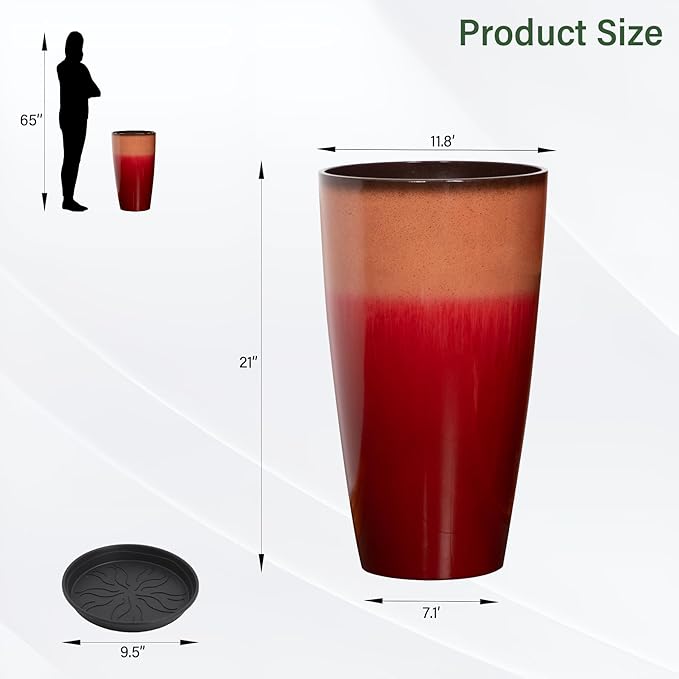 Set of 2 Lightweight Ceramic-Look Tall Planter, 21 inch Large Plastic Planter with Drain Hole & Saucers, Large Outdoor Planters for Porch, Garden, Patio, Balcony(Fiery Red)