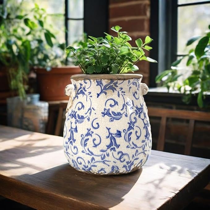 Vintage Plant Pot Rustic Planter Container with Drainage Hole Ceramic Ice Crack Flower Pot Decorative Planter for Indoor and Outdoor Tuscan Decor Vase Gardening Gift (Blue)