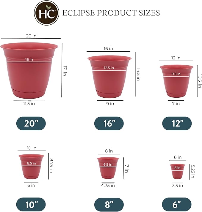 The HC Companies 8 Inch Eclipse Round Planter Pots with Drainage Holes & Attached Saucer, Lightweight UV-Resistant Plastic Indoor & Outdoor Planters, 6-Pack Flower Pots for Garden & Home Decor, Rose