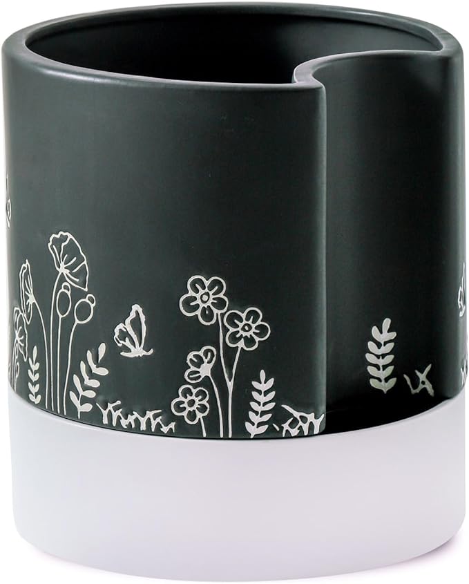Nihow Self Watering Plant Pot: 8 Inch Ceramic Planter with Drainage Hole & Water Storage Plus for Indoor & Outdoor Plants - Cylinder Round Flower Pot for Succulent/Herbs/Violets - Black
