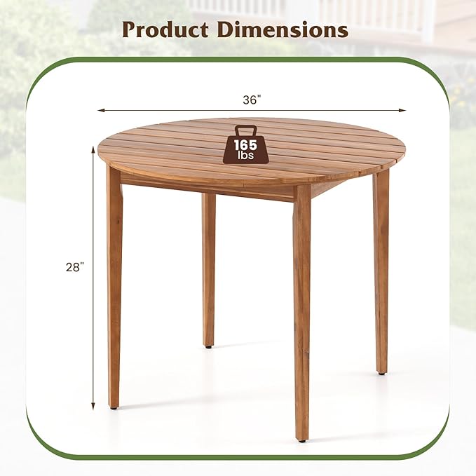 Tangkula 36" Round Outdoor Dining Table for 4, Acacia Wood 4-Person Patio Table with Slatted Tabletop & Adjustable Foot Pads, Indoor Outdoor Dining Furniture for Deck, Garden, Poolside & Backyard