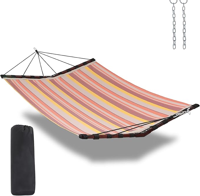 TegerDeger 12FT 2 Person Hammock Large Hammock Quick Dry 450LB Capacity with V Shaped Hardwood Spreader Bar & Nylon Rope for Outside, Patio, Garden, Backyard, Beach, Poolside - Coral Red Stripes