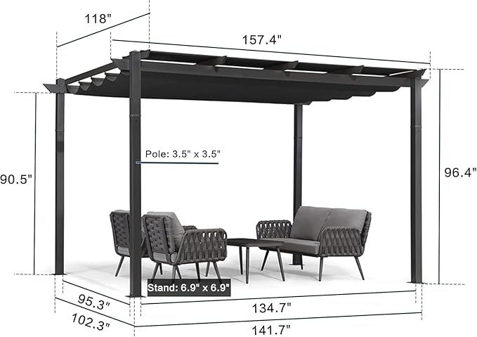 PURPLE LEAF Outdoor Retractable Pergolawith Curtains 10' x 13' Patio Aluminum Pergola with Sun Shade Canopy for Backyard Deck Garden Modern Metal Grill Gazebo, Gray