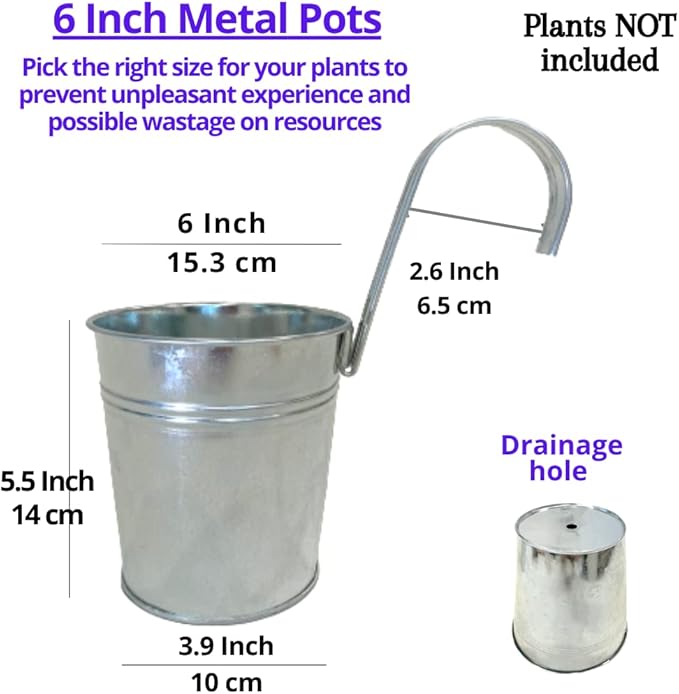 LaLaGreen Fence Planters for Outdoor Plants (10 Pack, 6 Inch) Railing Planter Metal Herb Garden Pots Outdoor, Hanging Silver Flower Buckets for Outside Wall Deck Patio Balcony Rail Farmhouse Rustic