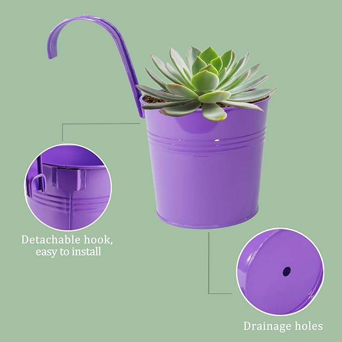6 Inch Hanging Planters for Outdoor Plants, 10 Pack Metal Railing Planter, Rail Balcony Fence Flower Pot with Detachable Hooks, Colorful Garden Decor