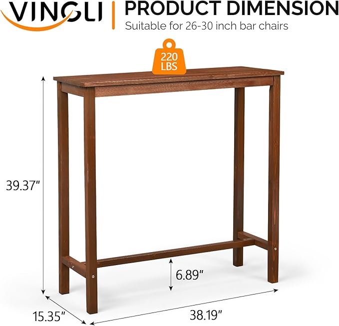 VINGLI Wooden Outdoor Bar Table, Wood Patio Counter Height Table, Weather-Resistant Patio Pub Table for Garden, Balcony, Poolside, Backyard, Indoor Use (Brown, 39")