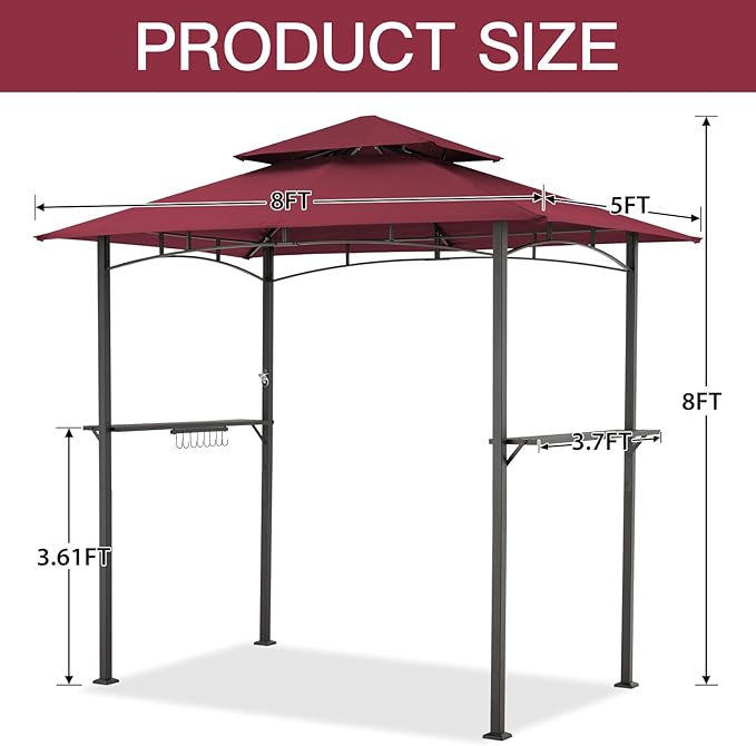 AECOJOY 8' x 5' Grill Gazebo, Grill Canopy for Outdoor Grill, 2- Tier BBQ Gazebo Shelter for Patio, Backyard and More (Wine Red)