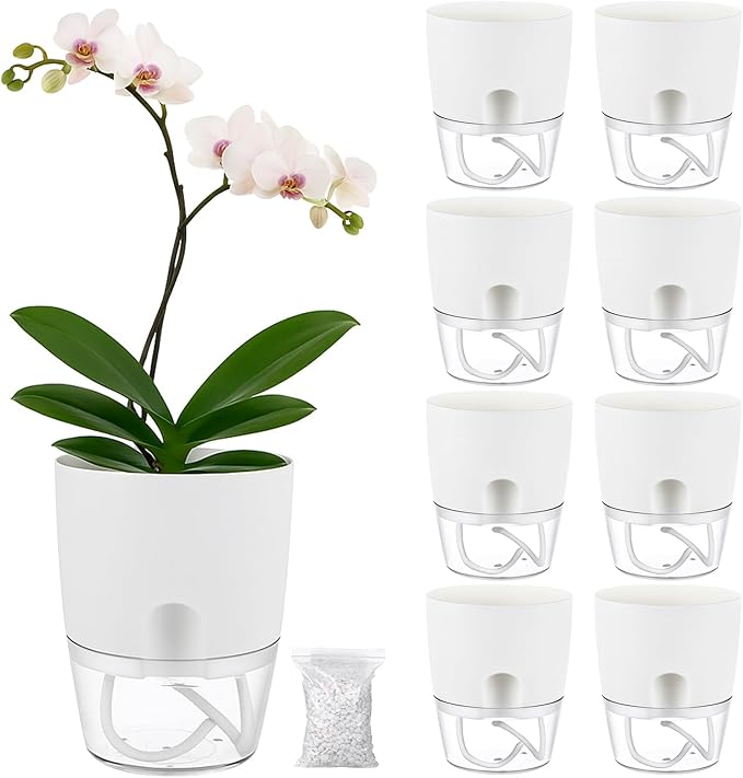 Planterhoma 8 Pack Self Watering Pots for Indoor Plants, 6 Inch Plant Pot Plastic Self Watering Planter for Orchid, African Violet, Small Clear Flower Pots with Drainage Holes and Wicking Rope, White