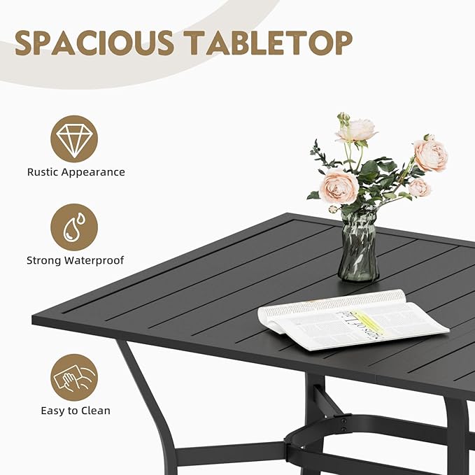 MELLCOM 63''x38'' Outdoor Dining Table for 6, E-Coating Metal Patio Dining Table with 1.57'' Umbrella Hole, All-Weather Black Rectangular Table for Porch, Garden, Backyard, Poolside, Lawn