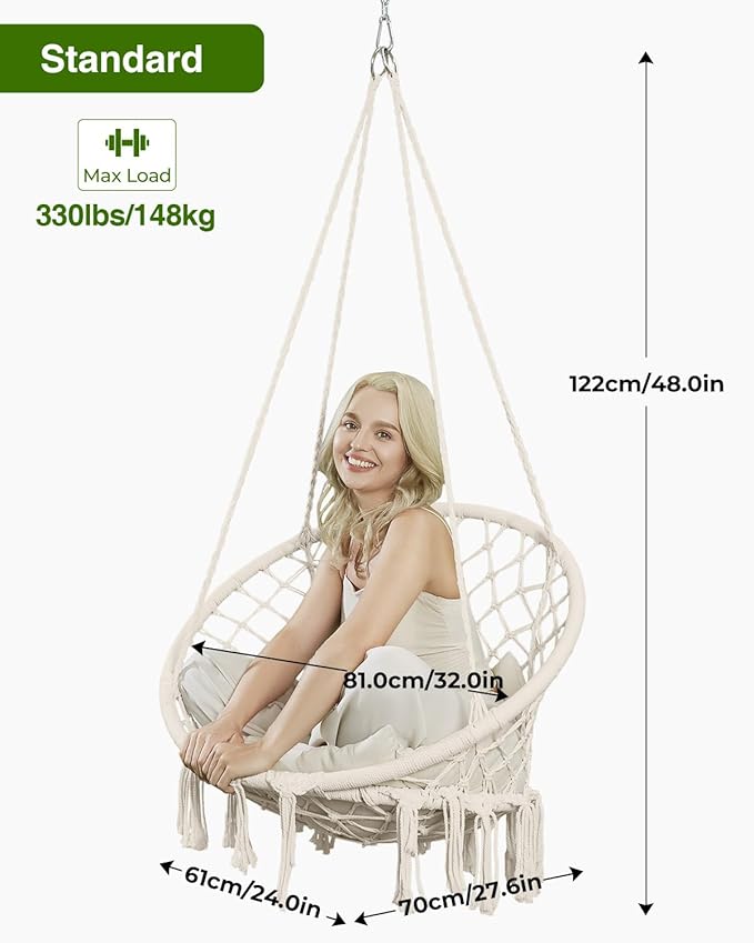 Greenstell Hammock Chair, Macrame Swing Chair with Comfy Cushion, Boho Hanging Chair for Outdoor & Indoor, Perfect for Bedroom, Patio, Balcony, Hold up to 330Lbs, Beige