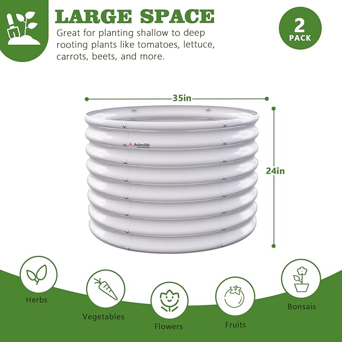 A ANLEOLIFE 2-Pack 3ft x 24” Tall Galvanized Raised Garden Beds Outdoor, Round Metal Planter Box for Planting Vegetables Flowers Herb, Anti-Rust & Easy-Setup, Antique White