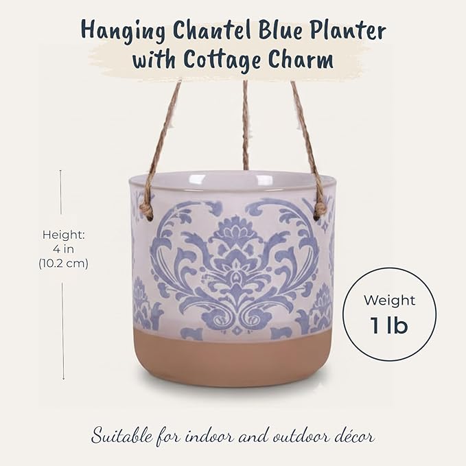 Blue Sky Clayworks 5" Hanging Chantel Blue Planter, Ceramic, 6" x 6" x 5", Soft Blue Damask & Clay Foot