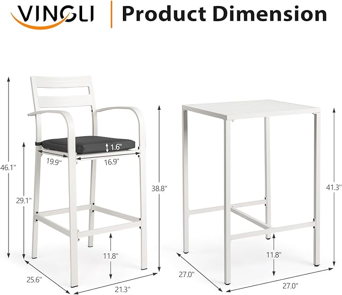 VINGLI 3-Piece Outdoor Bar Set, Aluminum Bar Height Table & 2 Chairs with Cushions, Counter Height Patio Furniture for Backyard, Poolside, Garden, Bistro, Indoor Outdoor Use (White)