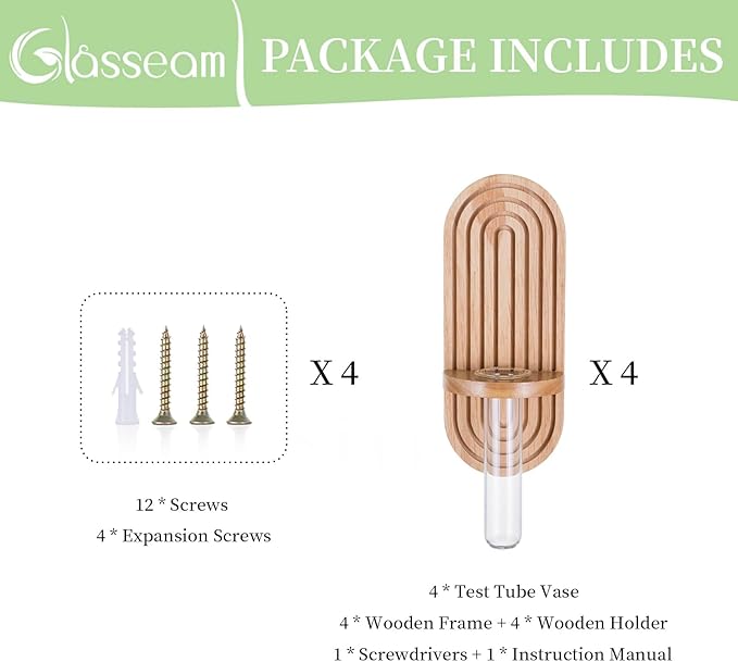Glasseam Hanging Plant Propagation Stations: Boho Glass Wall Propagation vases Set of 4 - Wood Plant Holder Decorative Planters Terrarium Test Tube for Home Office Indoor Decor