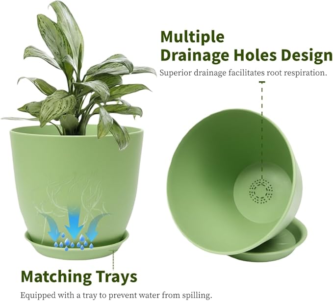 Plant Pots 8 Inch Set of 6, Flower Pots with Drainage Holes and Saucer, Plastic Garden Planters for Indoor & Outdoor Plants (Green)