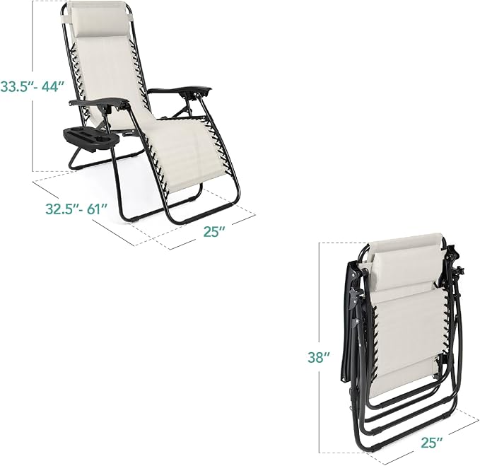 Best Choice Products Set of 2 Adjustable Steel Mesh Zero Gravity Lounge Chair Recliners w/Pillows and Cup Holder Trays - Ivory