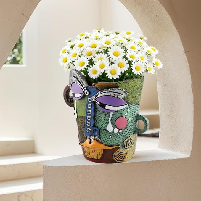 Picasso Abstract Face Flower Pot,Unique Resin Crafted Planter with Drainage Holes,Interesting Colorful Planter with Human face,for Indoor and Outdoor Botanical Home décor (Tears)