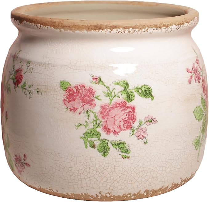 Decorative Pots Spring Decor, Pastel Floral Ceramic Garden Pots with Drainage, 6.29 Inch Pink Vintage Grandma Flower Pots for Indoor Plants & Succulent, Crackle Glaze Pottery Planters, Mom Gifts