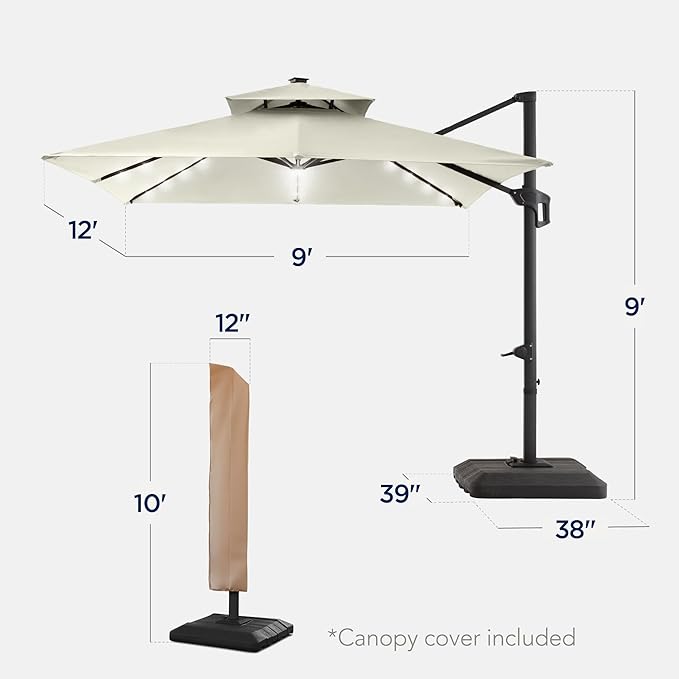 Best Choice Products 9x12ft LED Cantilever Patio Umbrella w/Base Included & 360° Rotation, Large Solar Offset Hanging Outdoor Sun Shade for Deck, Backyard Table w/Stand & Lights – Ivory