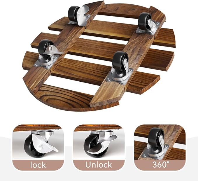 2 Pack Plant Stand Indoor and Outdoor, 12IN Premium Wooden Plant Caddy with Wheels, Heavy Duty Plant Stands with 360° Lockable Wheels, Classic Plant Cart