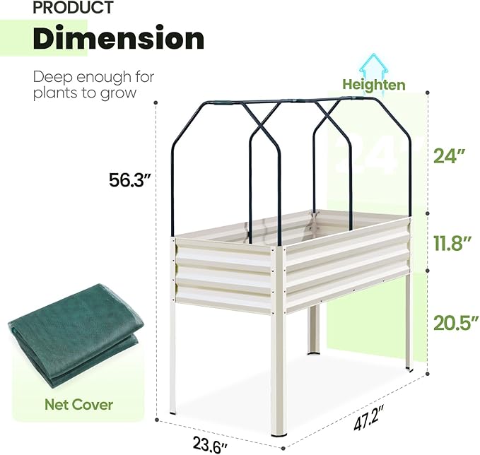 King Bird Large Raised Garden Bed with Netting Galvanized Elevated Planter Box with Legs 48×24×56 in for Backyard, Patio, Balcony, 400lb Capacity, Beige
