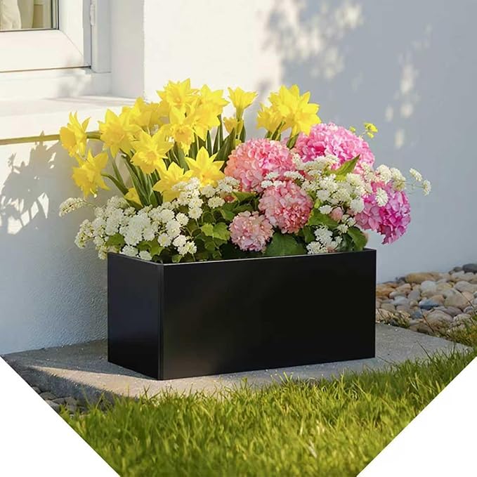 Metal Planter Box - Rectangular Trough, All-Weather Durable with 4 Drainage Holes, 25x11x13 Inches for Porch & Patio, Black