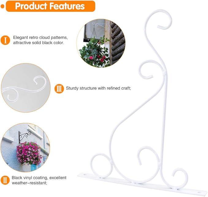 KABB Hanging Plant Bracket, 2 Pcs 10 Inch Iron Decorative Wall Planter Hanger Hooks for Hanging Plants Flower Baskets Wind Chimes Bird Feeders, Indoor Outdoor Rustic Home Decor, White
