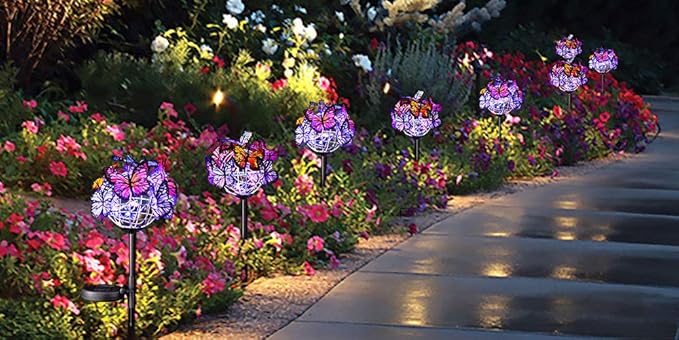 Outdoor Solar Garden Lights - 2 Pack Solar Powered Garden Stake Lights with 18 Butterflies and Copper String Lights, Multicolor