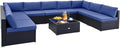 Tangkula 10 Pieces Patio Sofa Set, Outdoor Wicker Conversation Set with Soft Cushions, Tempered Glass Tabletop, Sofa Fastener Clips Included, Rattan Furniture Set for Backyard, Poolside (Navy)