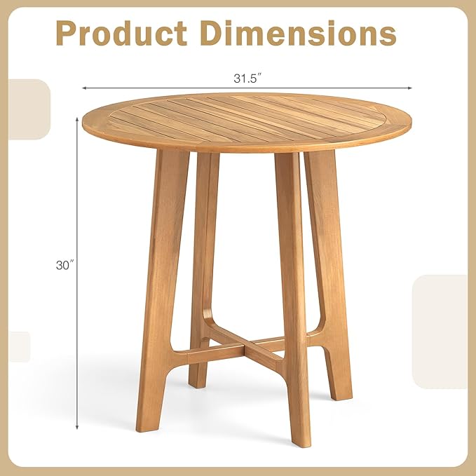 Tangkula 31.5" Round Patio Dining Table, Teak Wood Outdoor Dining Table with Slatted Tabletop, X-Shaped Frame & 4 Sturdy Supporting Legs, Indoor or Outside Table for Deck, Garden, Poolside & Backyard
