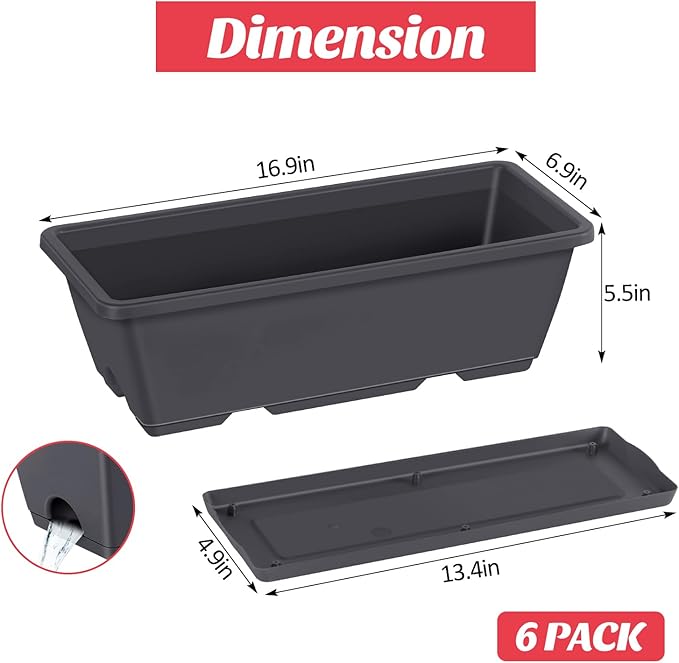 CADUKE Railing Planter Boxes 6 PCS, Planter Boxes with Adjustable Bracket, Deck Rail Planters for Outdoor Plants, Flower Pots for Balcony Garden Decor, Gray