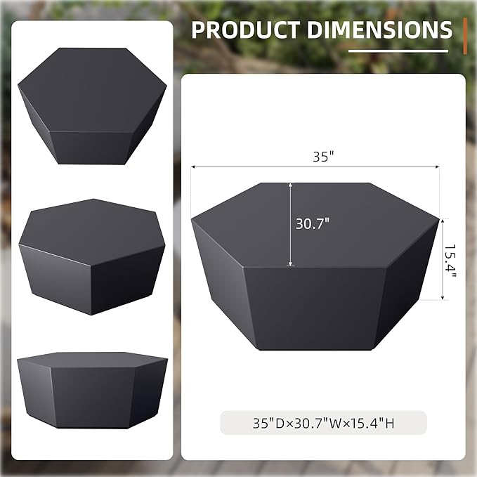 UPHA Outdoor Hexagon Coffee Table, Small Modern Minimalist Accent Tables, Low Light Concrete Center Table for Living Room, Outside Patio, Deck, 35×30.7×15, Dark Gray